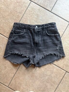 Zara Washed Black Frayed Hem Denim Shorts